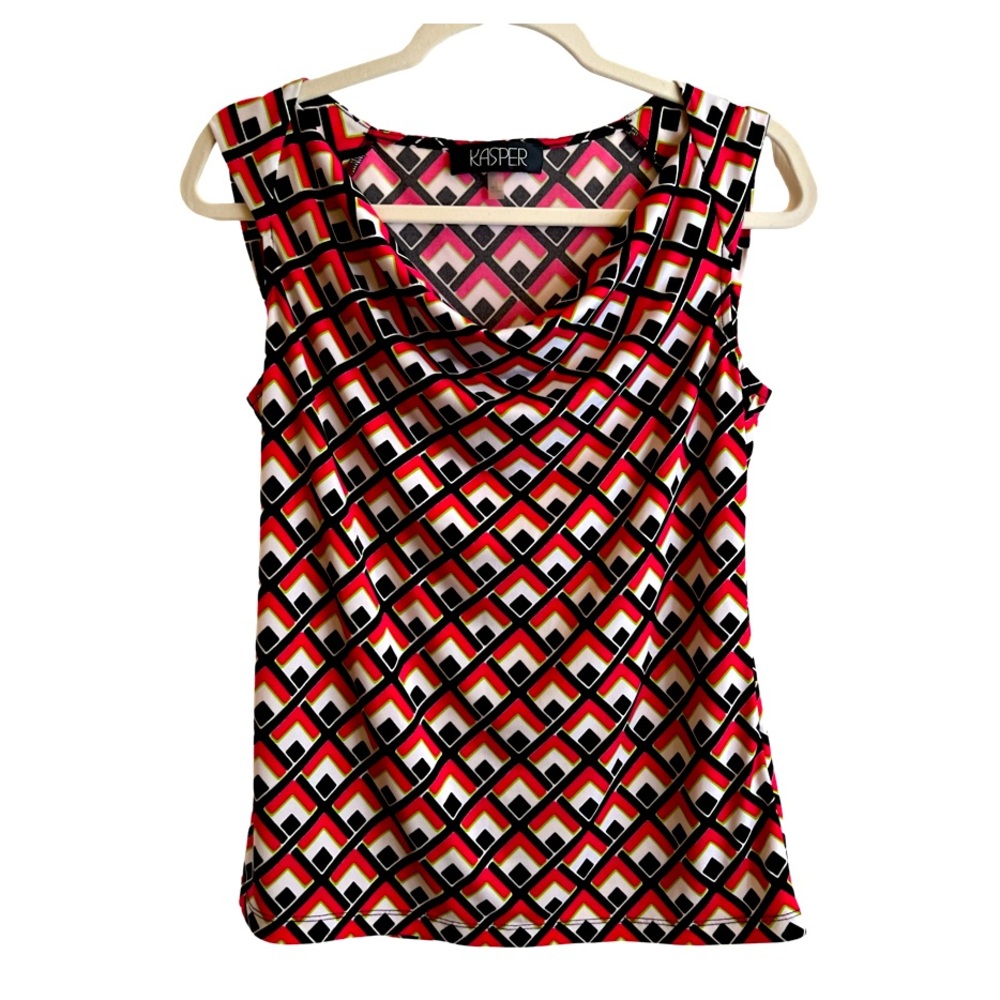 Kasper S cowl neck top sleeveless red black white blouse